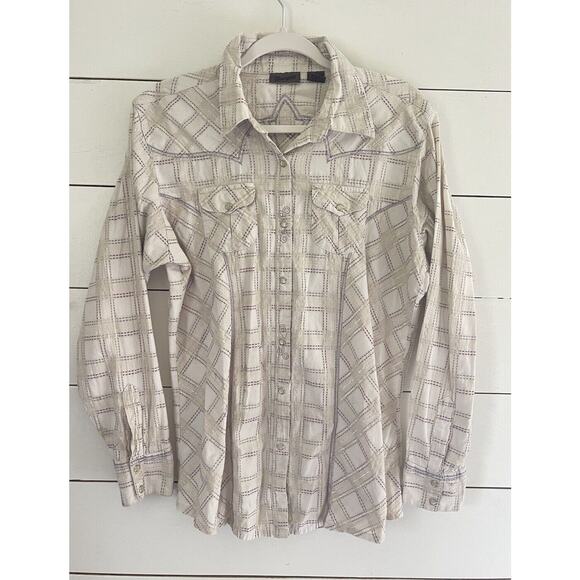 Wrangler Cream Metallic Thread Embroidered Cross Pearl Snap Shirt Ladies Large - Picture 1 of 10
